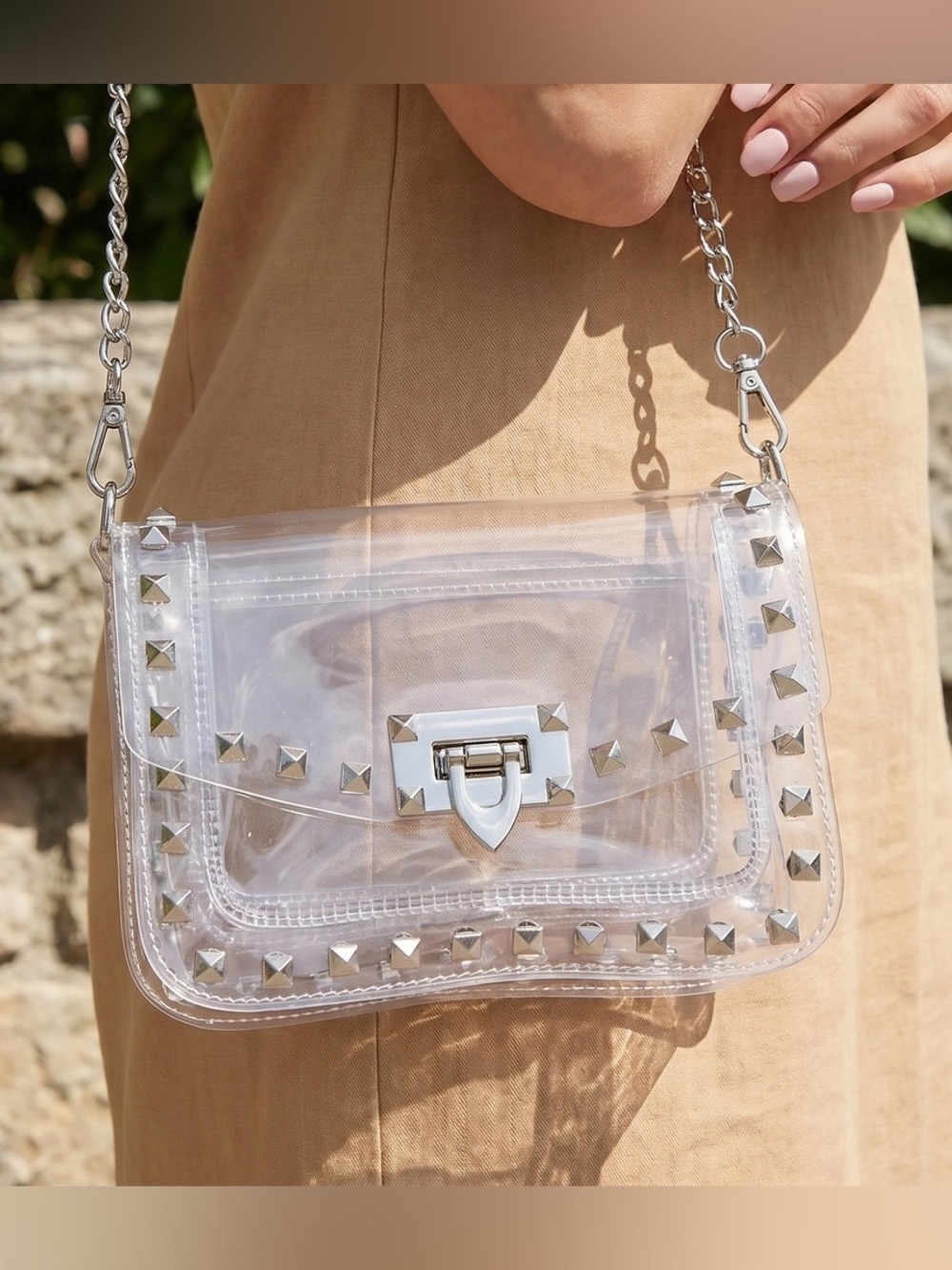 NWT Clear Studded Crossbody Stadium Bag with Chain Strap